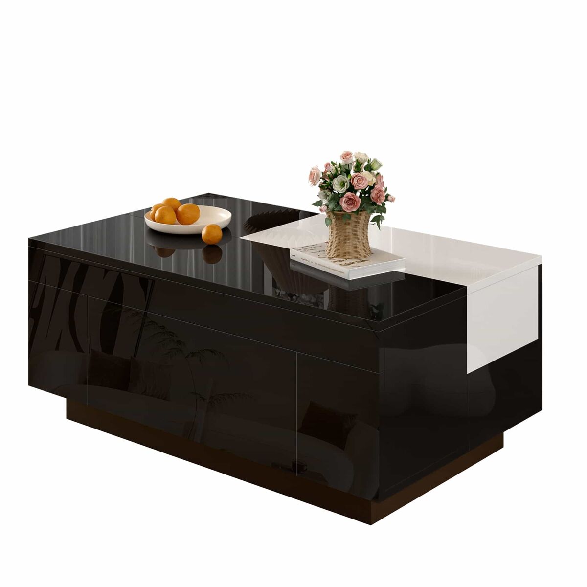 Mesa de centro com led - mesa extensível, arrumação oculta, luz ajustável com 16 cores - preto, branco