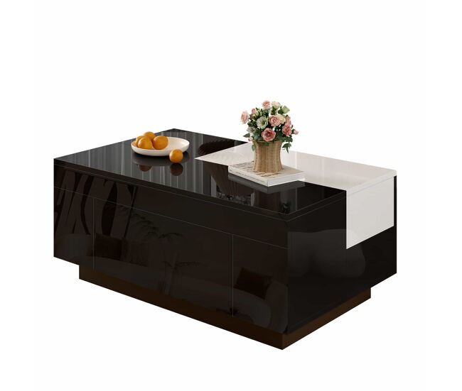 Mesa de centro com led - mesa extensível, arrumação oculta, luz ajustável com 16 cores - preto, branco