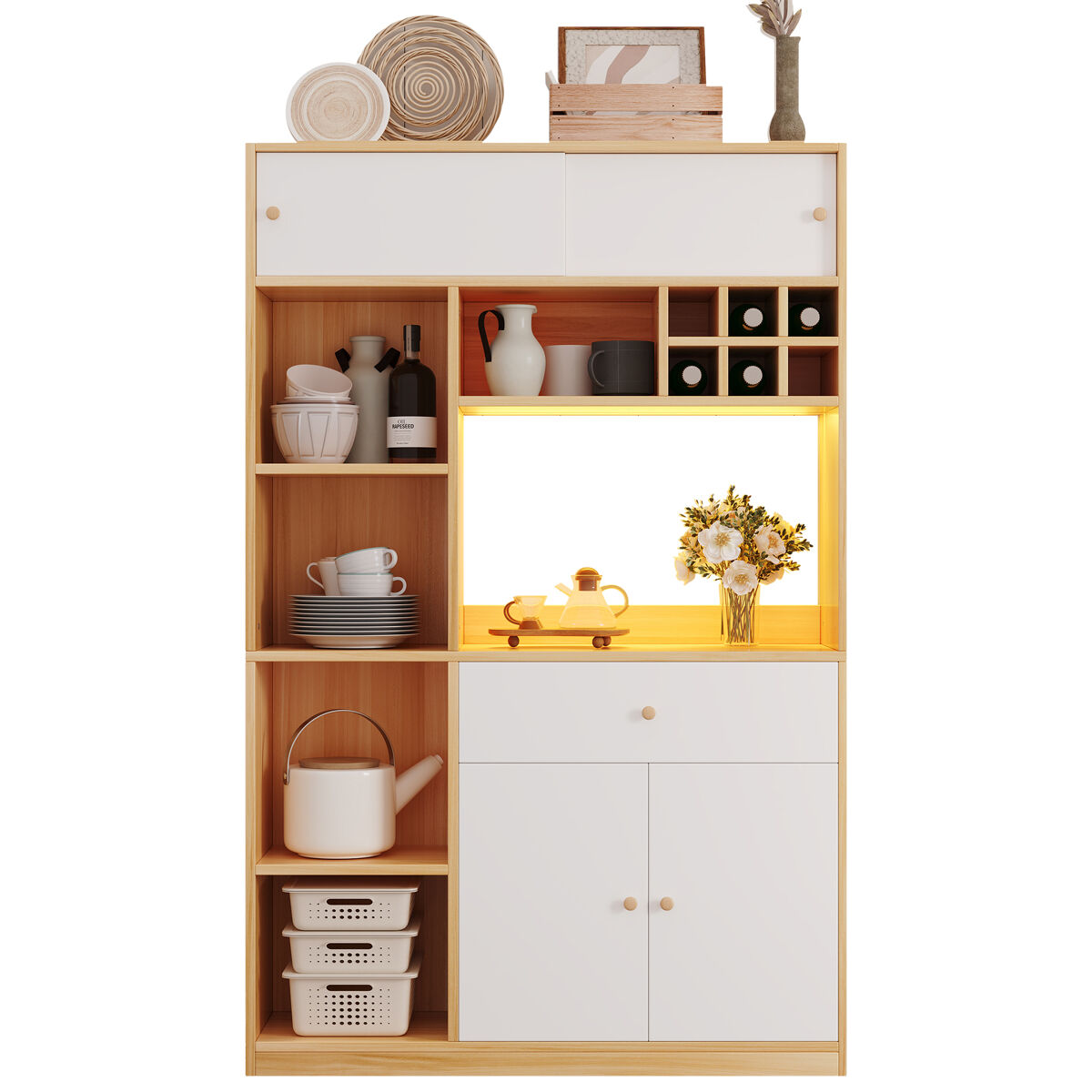 Armário de cozinha de painel de partículas com 4 portas,1 gaveta e luz led,natural+branco