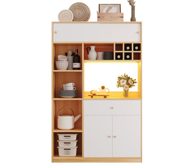 Armário de cozinha de painel de partículas com 4 portas,1 gaveta e luz led,natural+branco