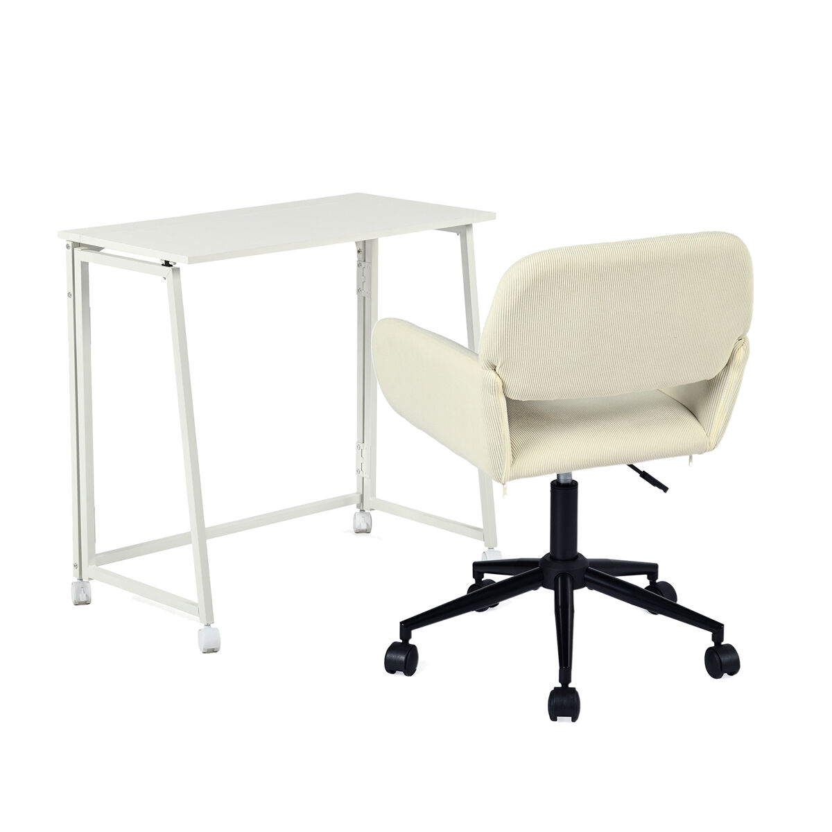 Conjunto de secretária dobrável branca e cadeira de escritório bege em veludo com altura ajustável e rotação 360 graus, design moderno e compacto para