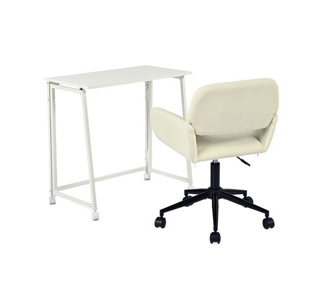 Conjunto de secretária dobrável branca e cadeira de escritório bege em veludo com altura ajustável e rotação 360 graus, design moderno e compacto para