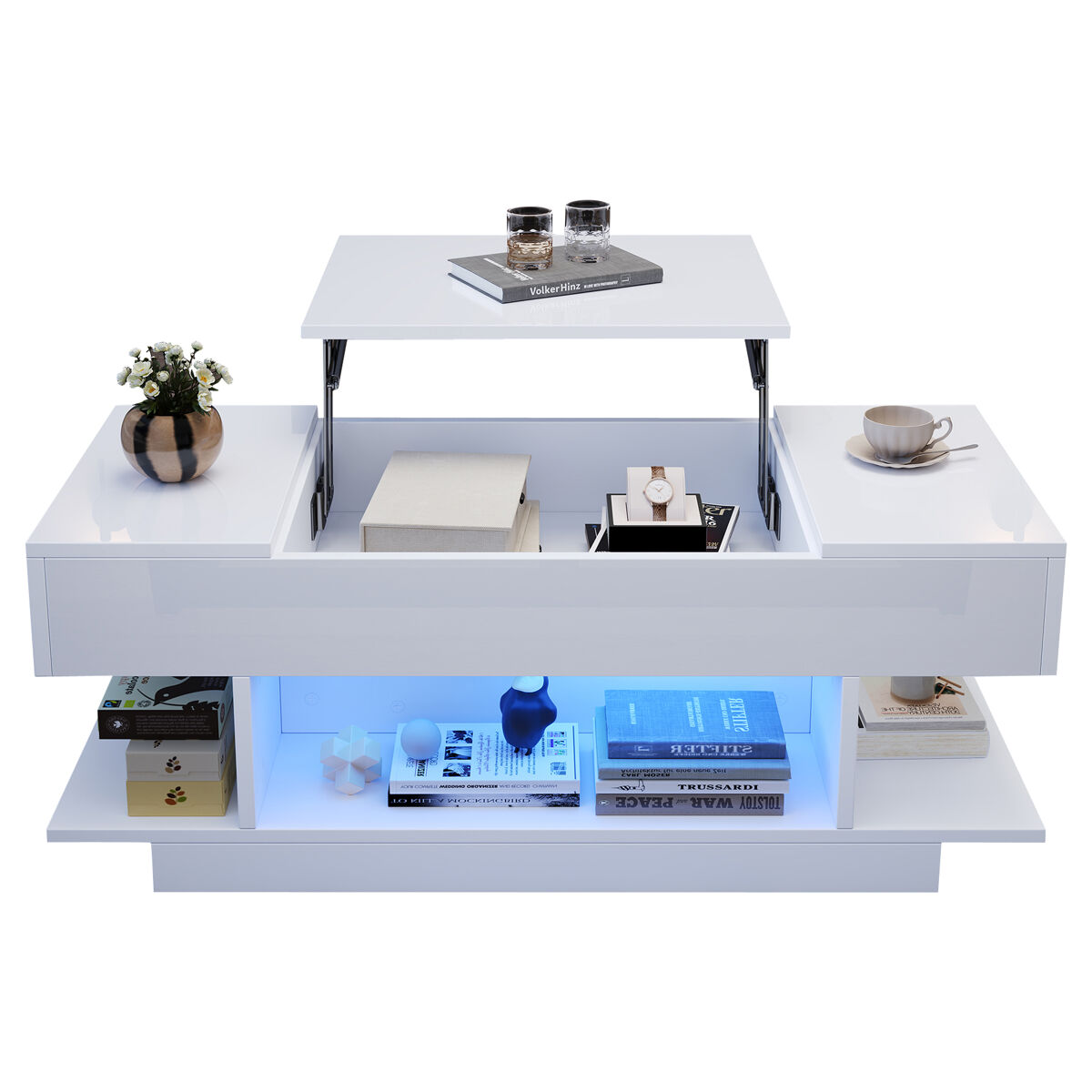 Mesa de centro elevável 98x45x40 cm - sofá com mesa elevável, 2 armários dobráveis, led, branco
