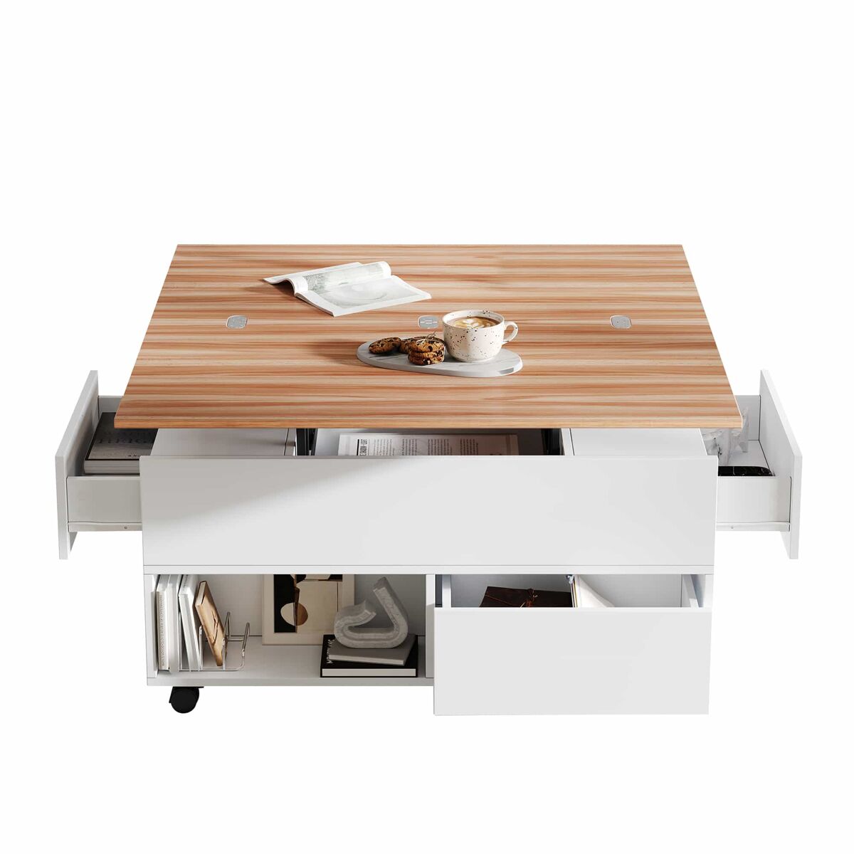 Mesa de centro 100 x 50 x 52 cm - com 4 rodas, 4 gavetas, elevável, multifuncional - blanc + madeira