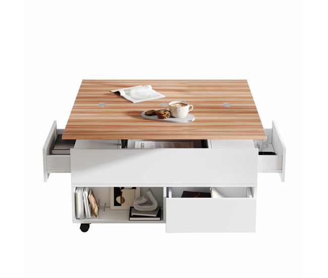 Mesa de centro 100 x 50 x 52 cm - com 4 rodas, 4 gavetas, elevável, multifuncional - blanc + madeira