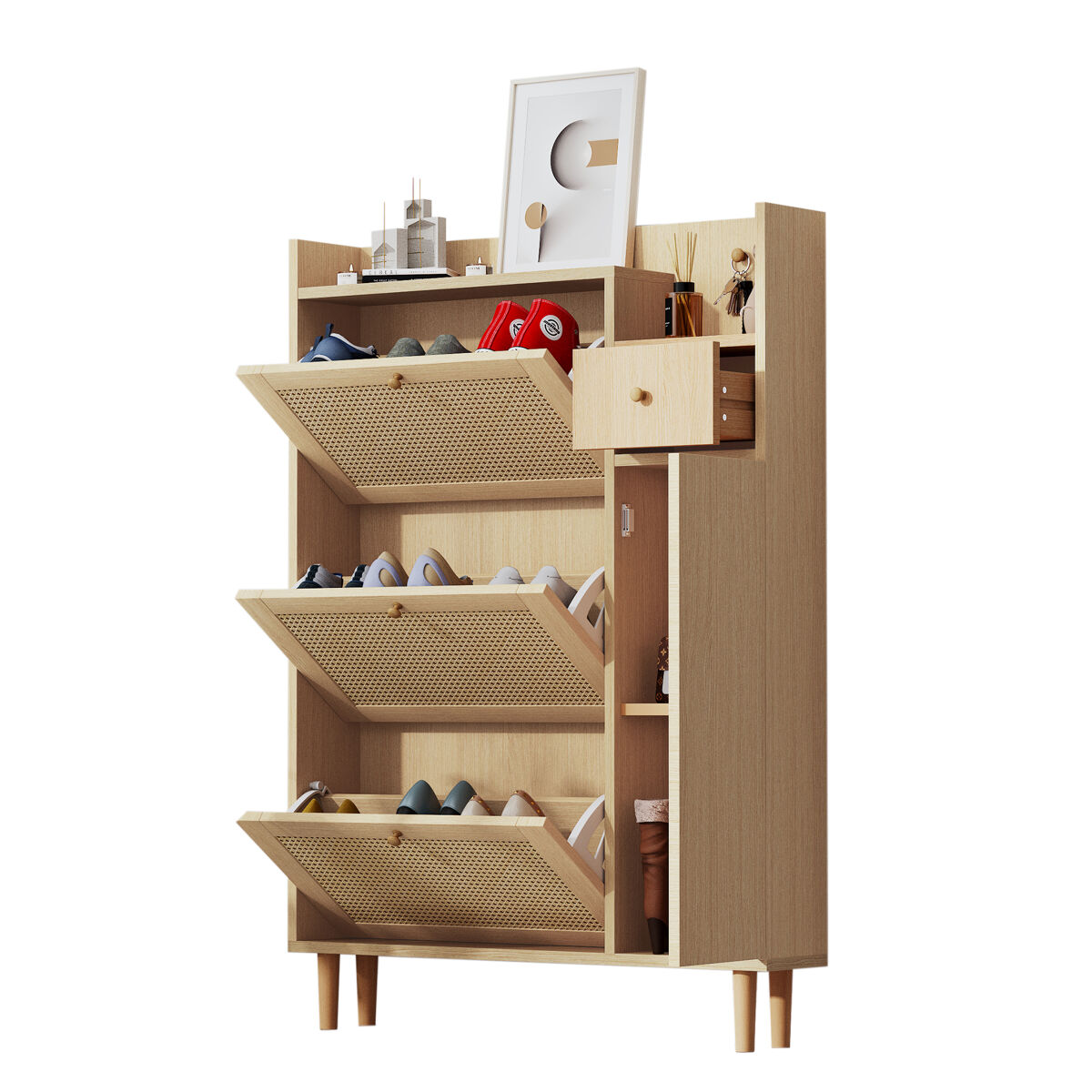 Sapateira de mdf com 1 porta e 3 tabuleiros,natural