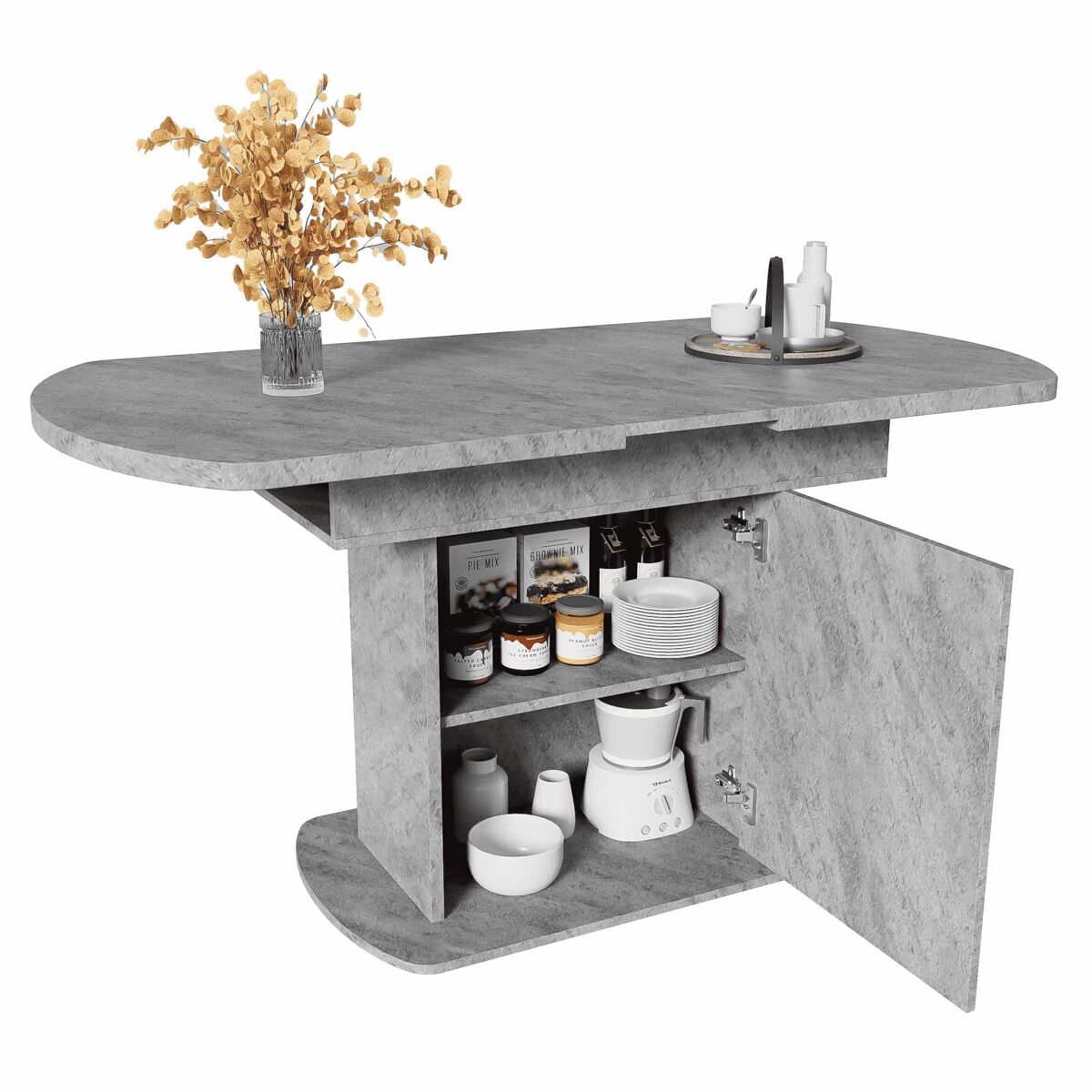 Mesa de jantar oval retrátil - com espaço de arrumação e pega prateada - cinzento