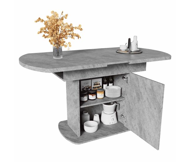 Mesa de jantar oval retrátil - com espaço de arrumação e pega prateada - cinzento