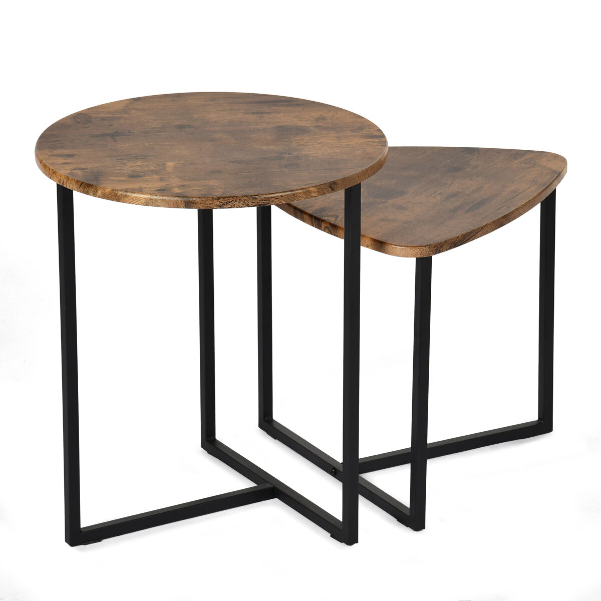 Meubles cosy conjunto de 2 mesas ninho industrial, tampo mdf efeito carvalho, estrutura metálica noire, cantos arredondados, 1 redonda + 1 triangular, carvalho escuro