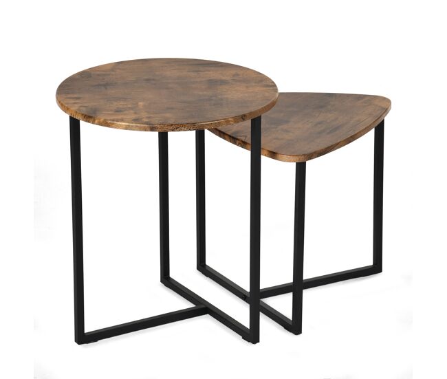 Meubles cosy conjunto de 2 mesas ninho industrial, tampo mdf efeito carvalho, estrutura metálica noire, cantos arredondados, 1 redonda + 1 triangular, carvalho escuro