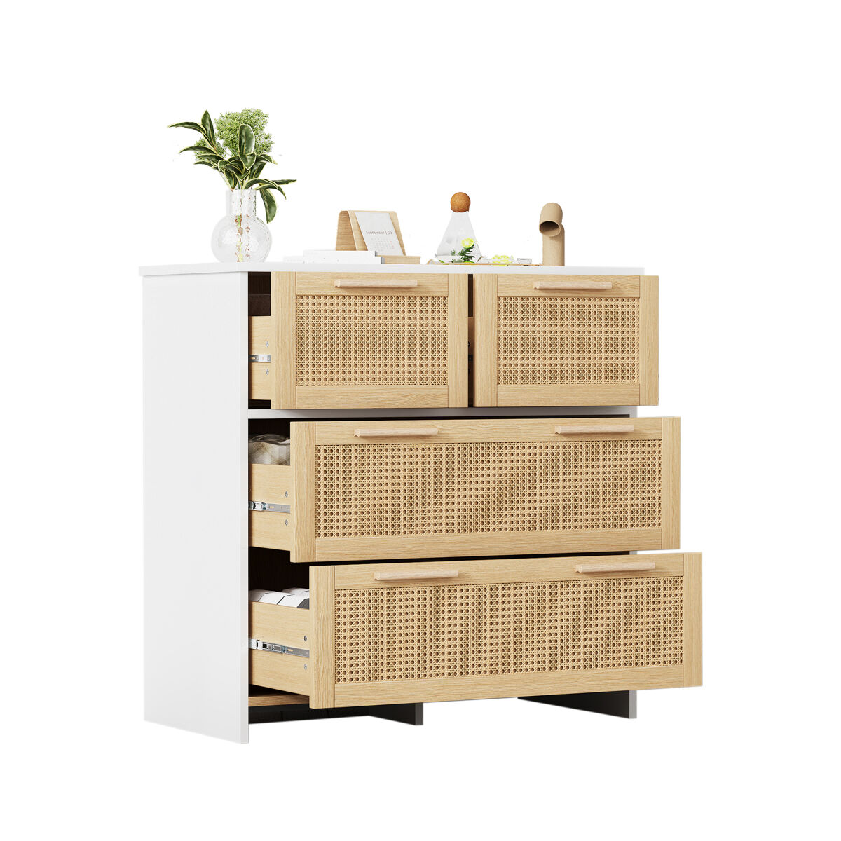 Cômoda dupla de mdf com 4 gavetas,natural+branco