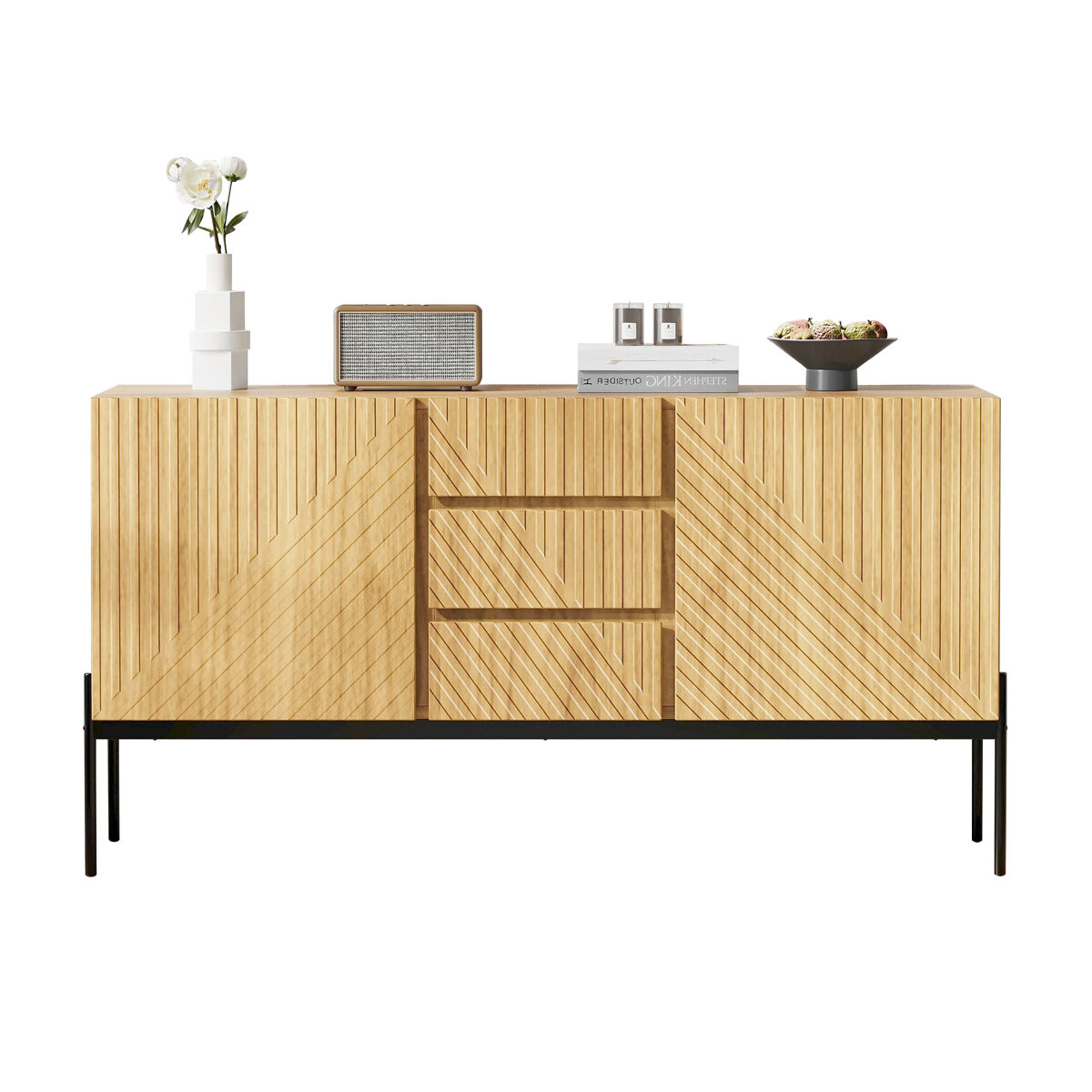 Aparador de painel de partículas com 2 portas e 3 gavetas,natural