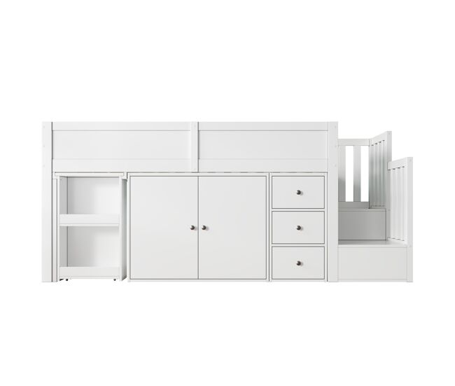 Cama alta infantil + 90*200 - multifuncional, secretária extensível, prateleira lateral, armário, gaveta, escada com armário - branco