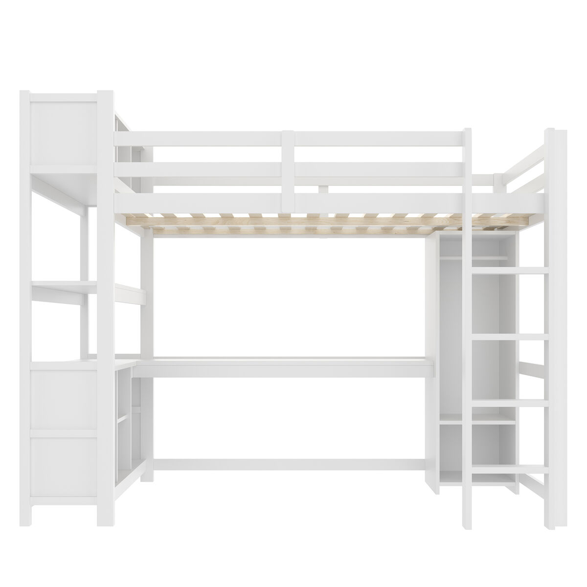 Cama alta 140x200 cm - estantes, vários compartimentos, secretária, armário - branco