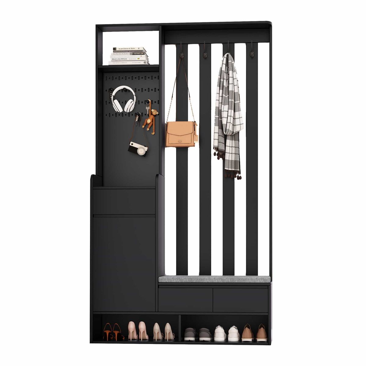 Cabideiro com banco acolchoado 180x100x35 cm - sapateira multifuncional com painel perfurado e 4 ganchos - preto
