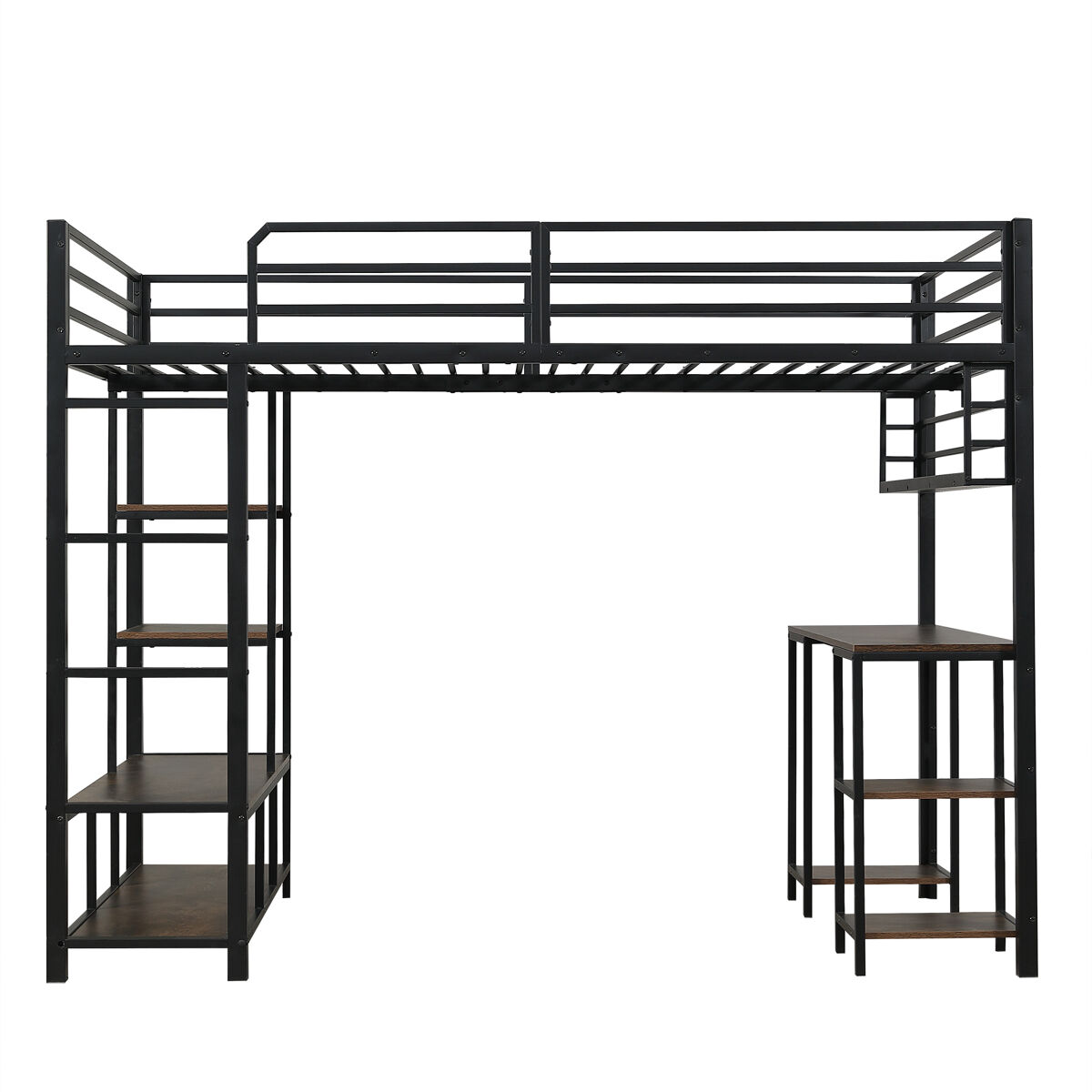 Cama loft 120x200 cm - com secretária e arrumação, 4 degraus, ferro + madeira, preto + nogueira escura
