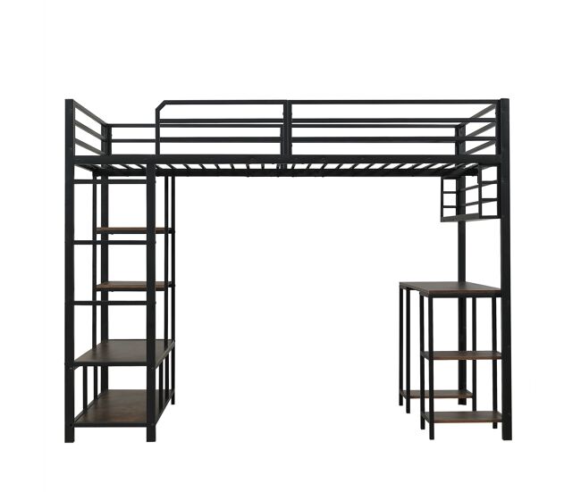 Cama loft 120x200 cm - com secretária e arrumação, 4 degraus, ferro + madeira, preto + nogueira escura