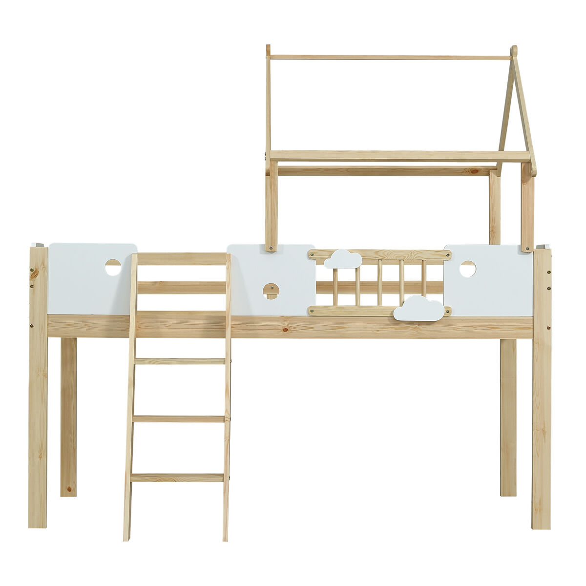 Cama alta 90x200cm - com proteção contra quedas, design de teto, escada de 3 degraus - branco + natural
