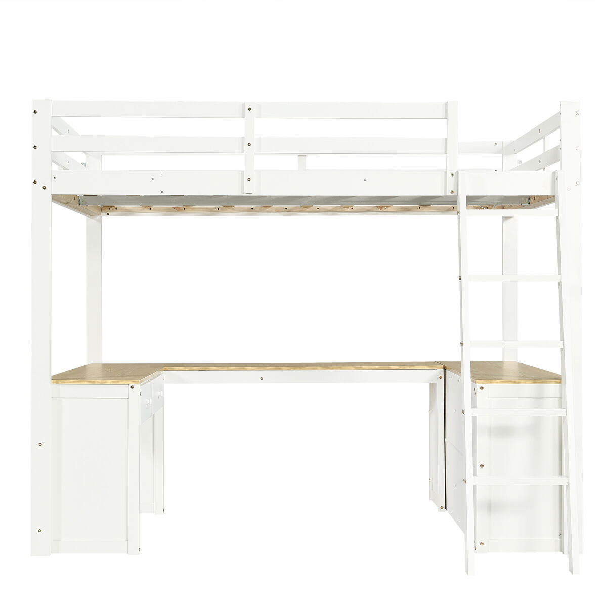 Cama loft 140x200 cm - mesa em u com duas gavetas e prateleira - branco+natural