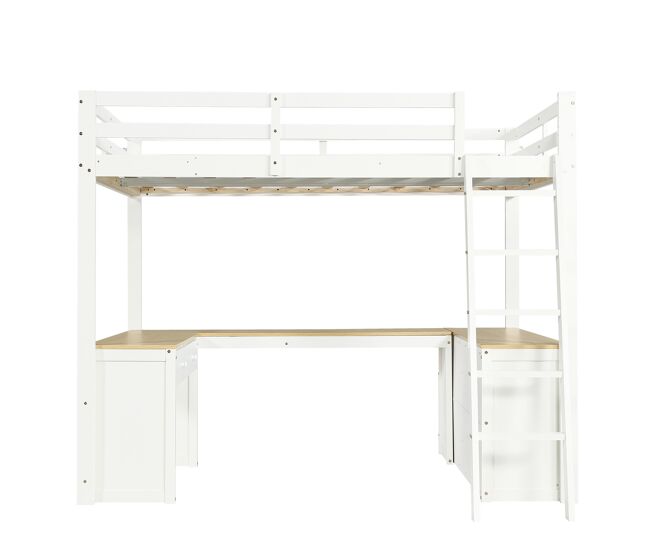 Cama loft 140x200 cm - mesa em u com duas gavetas e prateleira - branco+natural