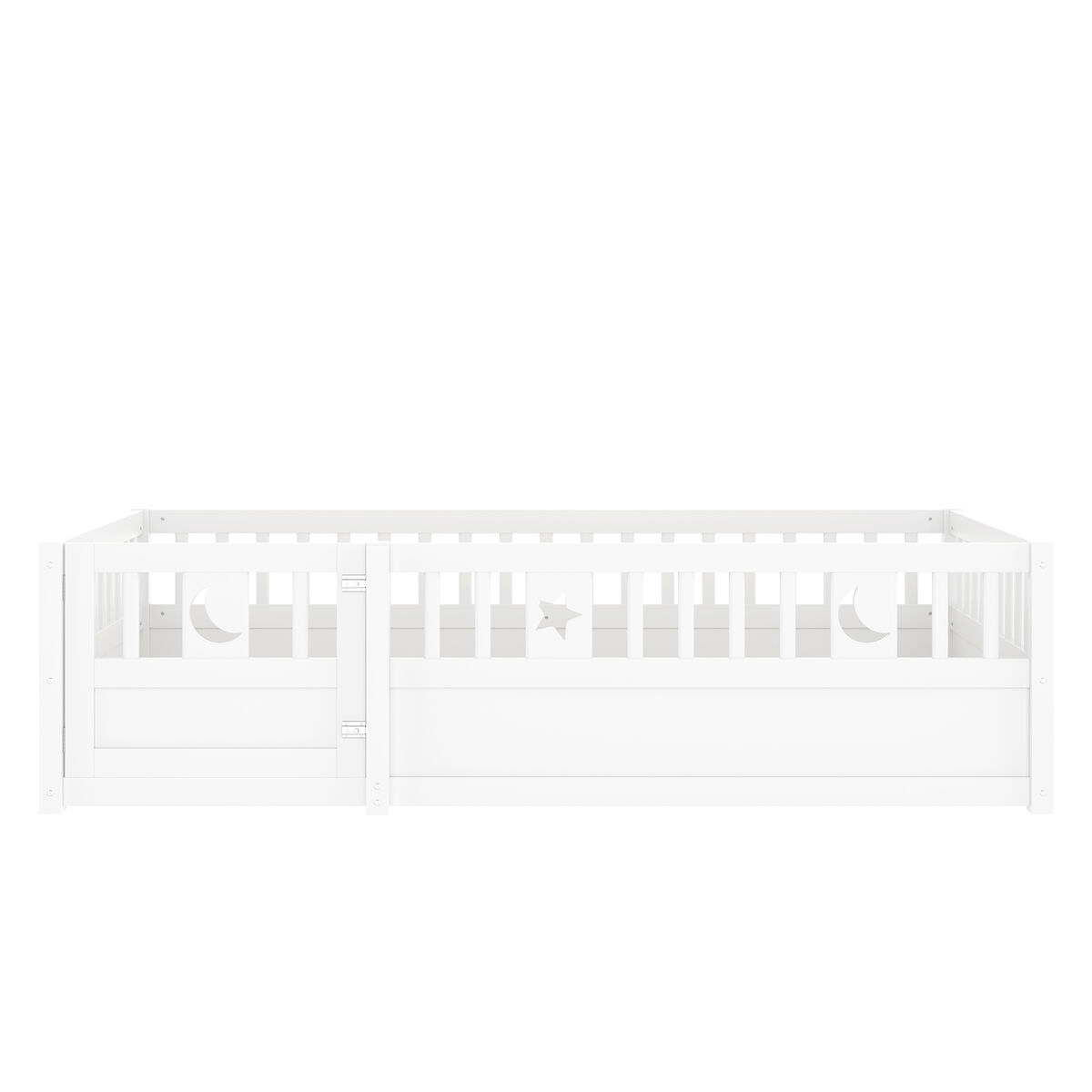 Cama infantil, 90x190 cm - com grade, decoração de estrela e lua, estilo minimalista, branco