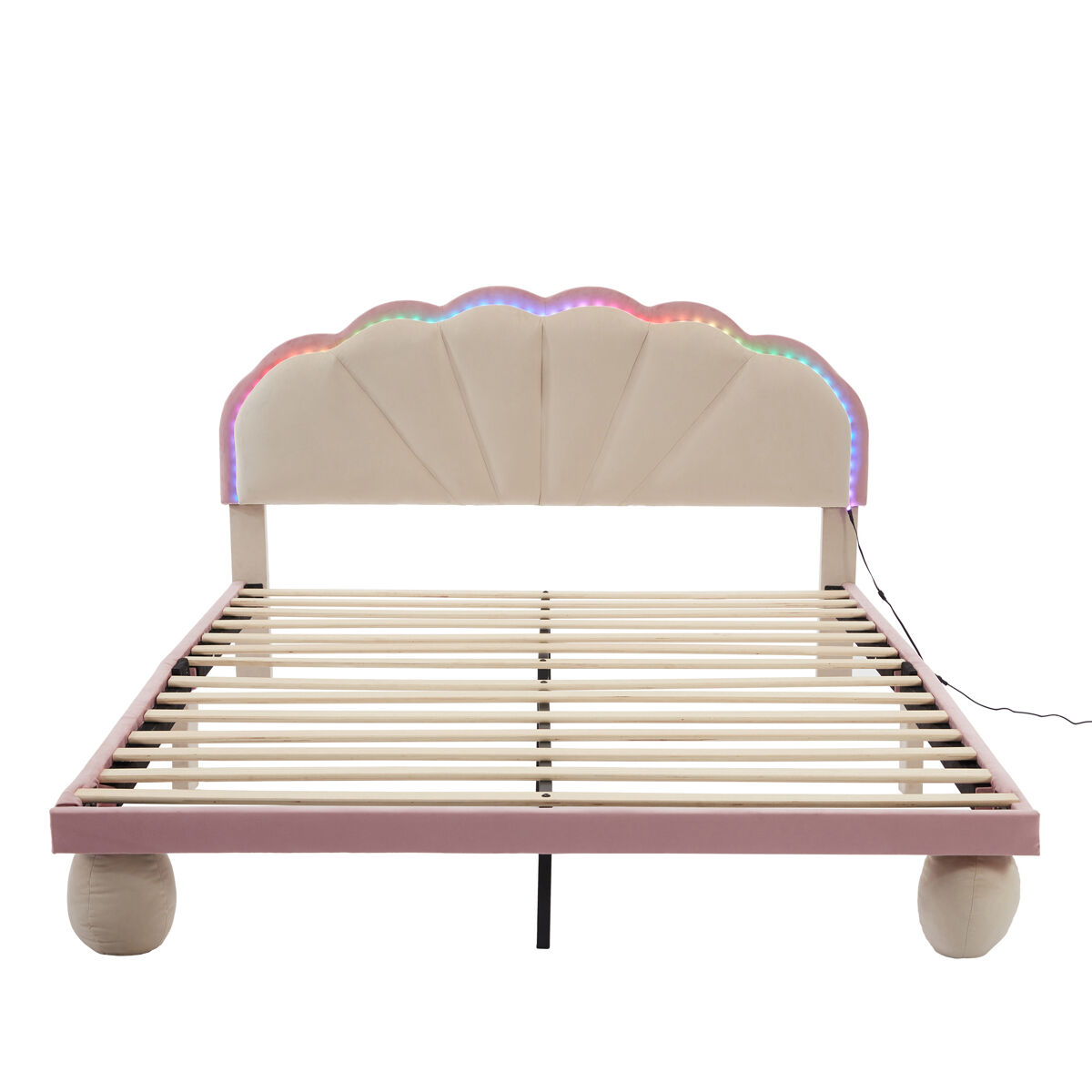 Cama estofada 140x200cm - cama juvenil com luzes led multicoloridas, cabeceira com design ondulado, pés redondos acolchoados - bege+rosa