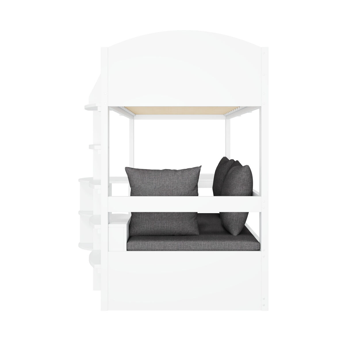 Cama alta infantil 90x200 - multifuncional com escada, mesa removível, sofá com arrumação, prateleiras, almofadas - branca