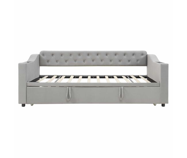 Cama com gavetão 90/180x190 cm - com tomadas e compartimento para arrumação - tecido aveludado - cinzento