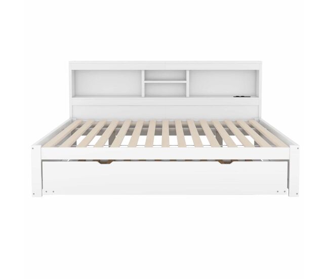 Divã de 140x200cm com cama com gavetão de 90x190cm - mesa de cabeceira com arrumação, led e tomadas - branco