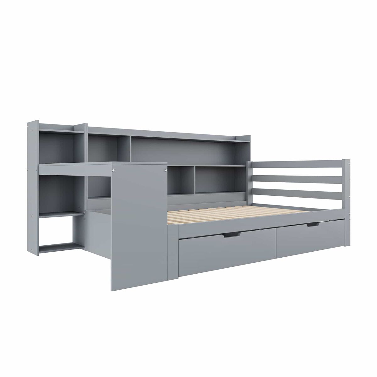 Sofá-cama 90 x 200 cm - com secretária, estante, compartimentos e tomada elétrica - cinza