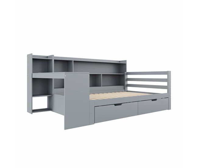 Sofá-cama 90 x 200 cm - com secretária, estante, compartimentos e tomada elétrica - cinza