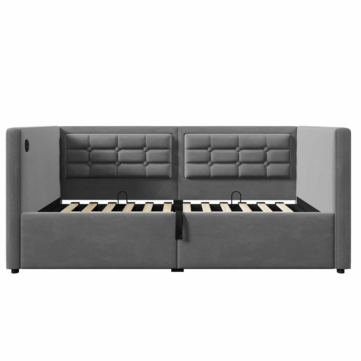 Mobrio Sofá-Cama 90X200 Cm - Sofá-Cama Individual Com Armazenamento Hidráulico, Estação De Carregamento Usb E Type-C, Base De Ripas De Madeira - Cinza