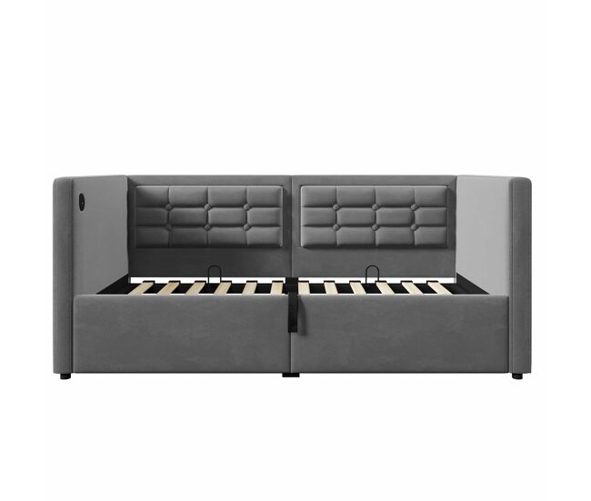 Sofá-cama 90x200 cm - sofá-cama individual com armazenamento hidráulico, estação de carregamento usb e type-c, base de ripas de madeira - cinza