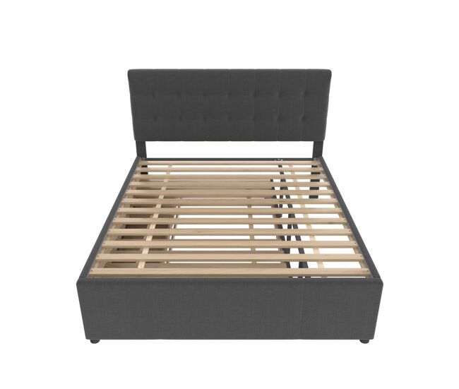 Cama estofada 140x200cm - cama de casal, cama familiar, cama matrimonial com três gavetas, cama extensível, cabeceira ajustável - cinza