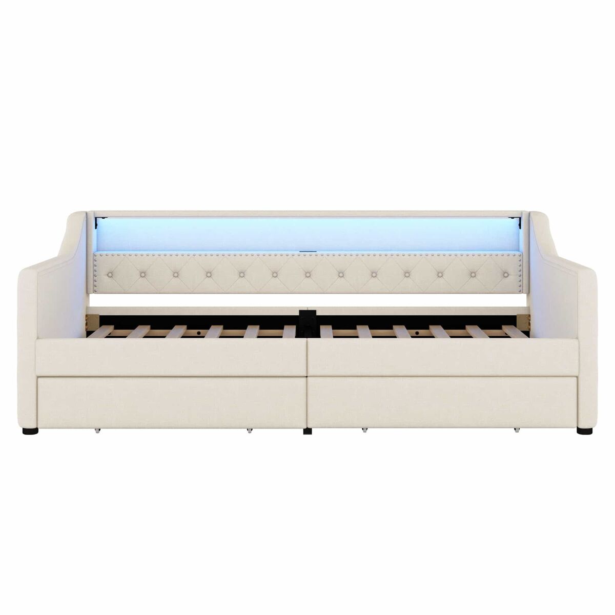 Cama de dia 90x200 cm - sofá-cama, com estrado de ripas (sem colchão), luz ambiente com comando, duas gavetas, porta usb - bege