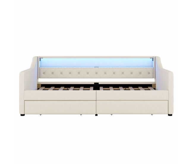 Cama de dia 90x200 cm - sofá-cama, com estrado de ripas (sem colchão), luz ambiente com comando, duas gavetas, porta usb - bege