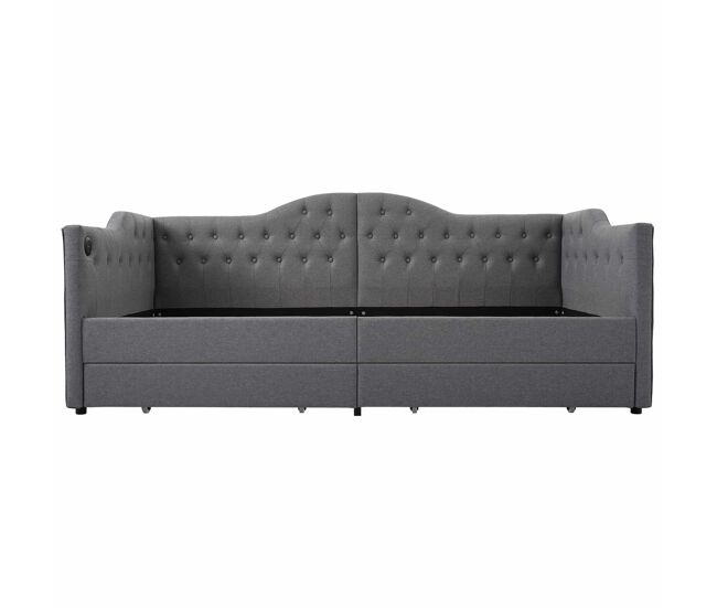 Lit avec tiroirs 90x190cm estofado em linho - com função de carga e estrado de ripas - cinzento (colchão não incluído)