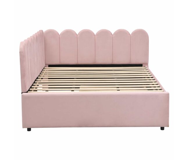 Sofá-cama em forma de l 140x200 cm - encosto com flores e cama extraível - veludo rosa