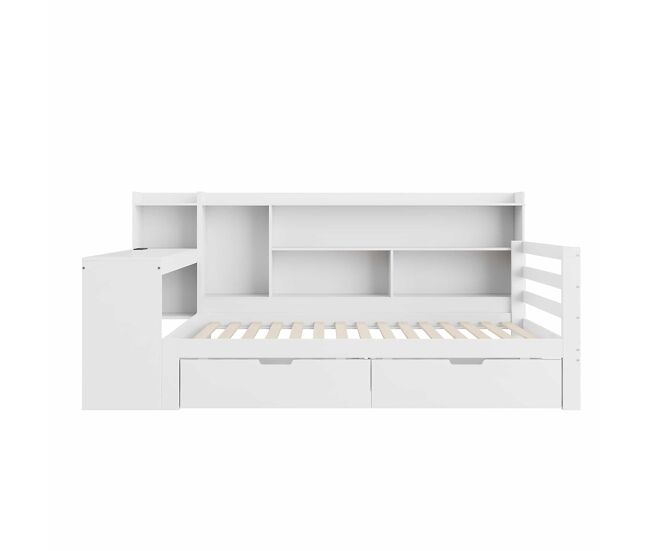 Sofá-cama 90 x 200 cm - com secretária, étagère, compartimentos e tomada - blanc