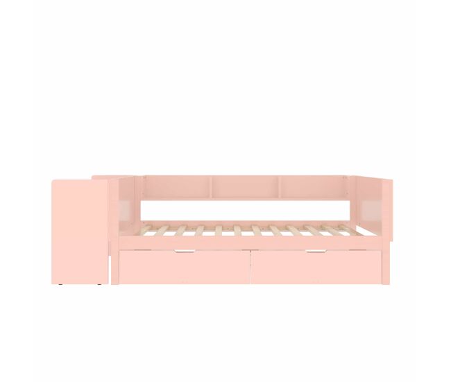 Cama individual 90x200cm - com secretária, 2 gavetas, prateleiras, madeira de pinho + mdf - rosa