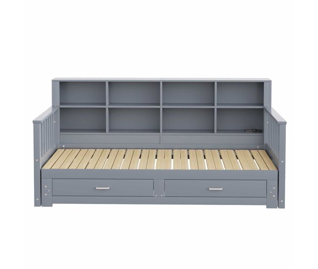 Sofá-cama extensível 90/180x190 cm - com armário de arrumação, 2 gavetas e estrado, multifuncional - gris