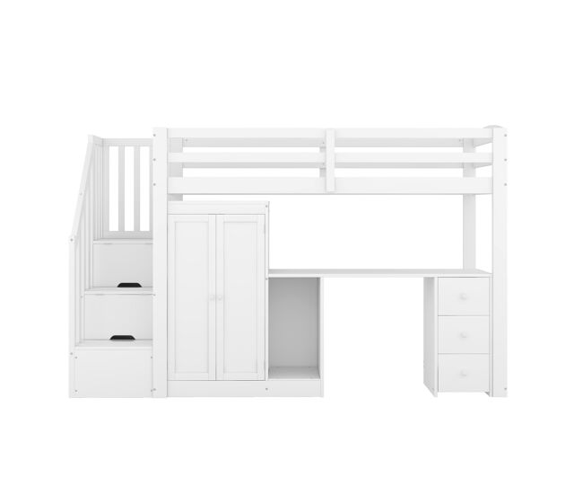 Cama alta 90x200 cm - cama com estrado, armário, escada, secretária, gavetas - branco