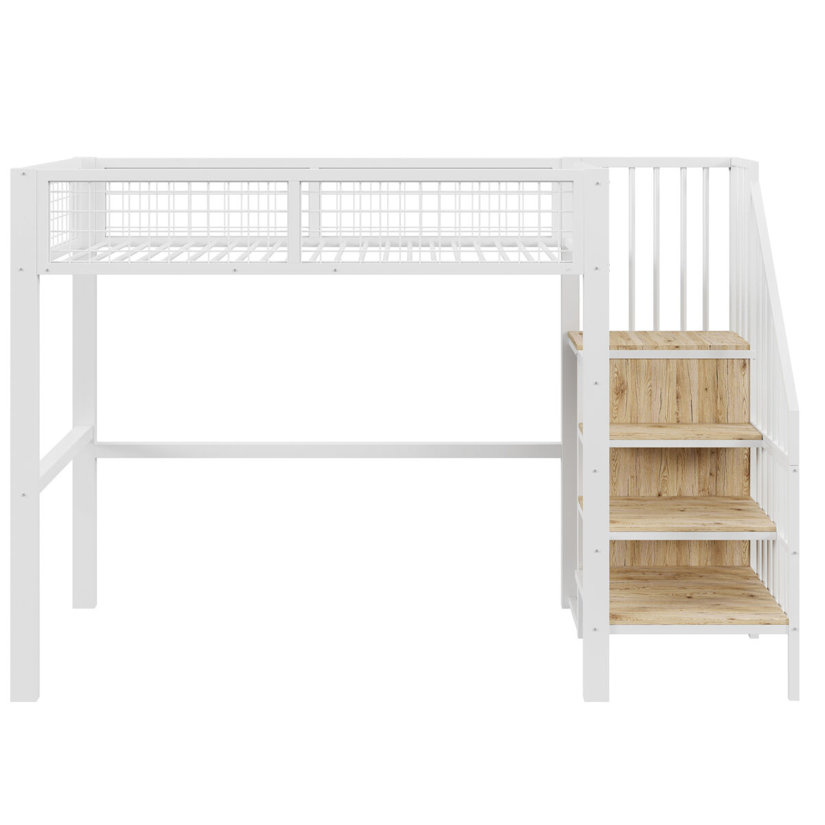 Cama alta 90*200 - com escada, estrutura metálica e prateleira de arrumação, armário - branco