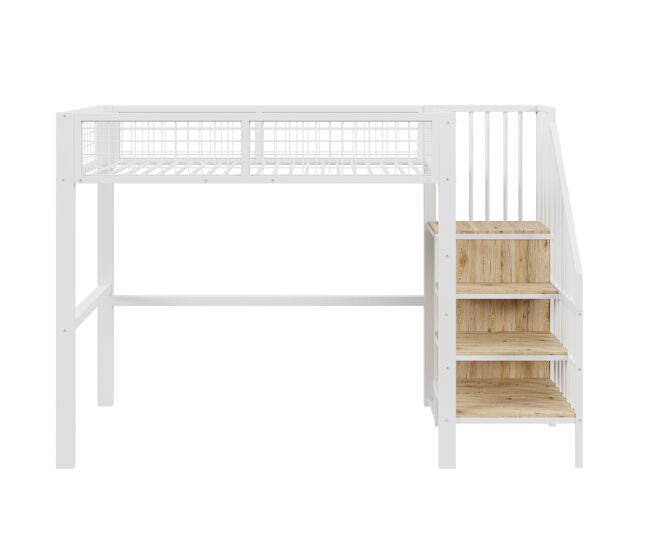 Cama alta 90*200 - com escada, estrutura metálica e prateleira de arrumação, armário - branco