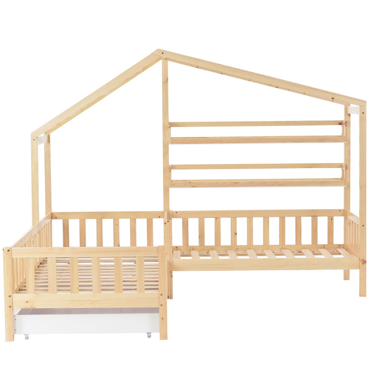Cama de cabina 90x200cm + 140x70cm em madeira maciça - com gavetas e prateleiras + estrado - natural