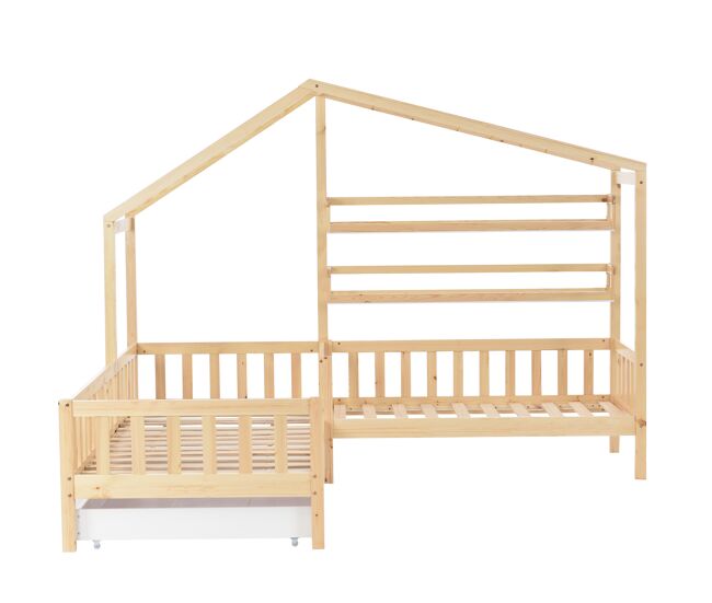 Cama de cabina 90x200cm + 140x70cm em madeira maciça - com gavetas e prateleiras + estrado - natural