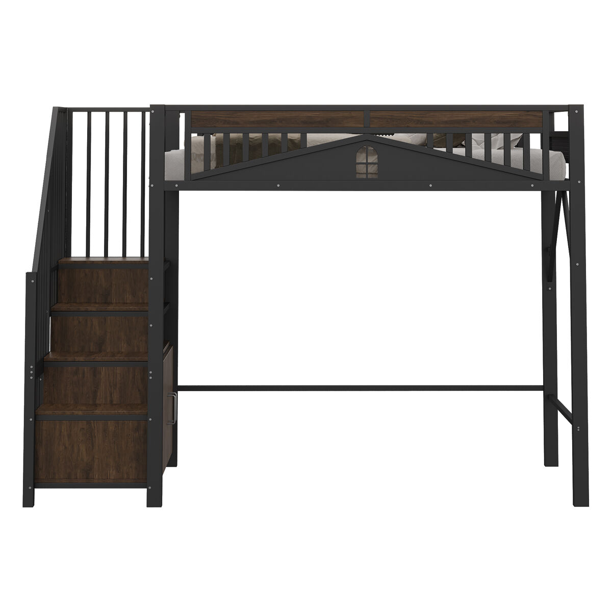 Cama alta metálica 90x200 cm - casa de segurança única com janela, escada de segurança com armário - preto