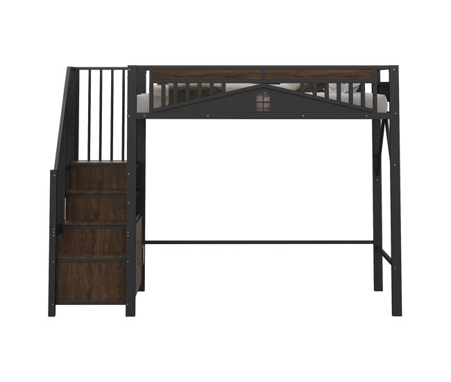 Cama alta metálica 90x200 cm - casa de segurança única com janela, escada de segurança com armário - preto