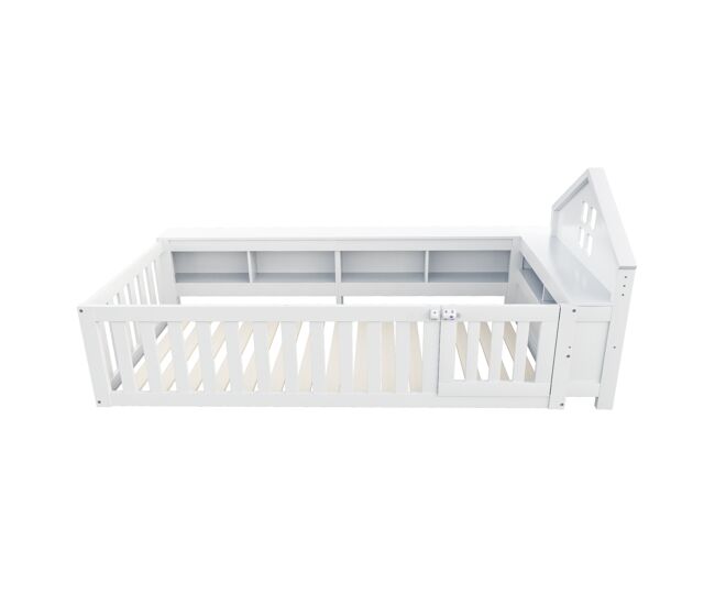 Cama infantil 90x200 cm - com telhado, janela, arrumação, grade de segurança e porta - branca