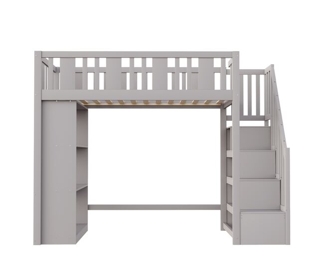 Cama alta 90x200 cm - cama infantil com escada de arrumação, vários compartimentos, cama funcional, cama juvenil, cama de madeira - cinza